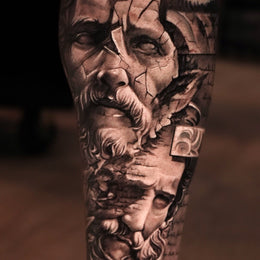 Sleeve mit Figuren am Unterschenkel – Tattoo aus Köln