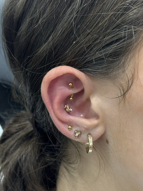 Ohr mit Rook- und Conch-Piercing, goldene Stäbe und Stecker